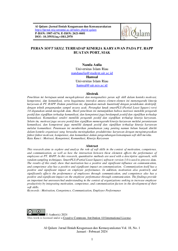 (PDF) Peran Soft Skill Terhadap Kinerja Karyawan Pada PT. RAPP Buatan ...