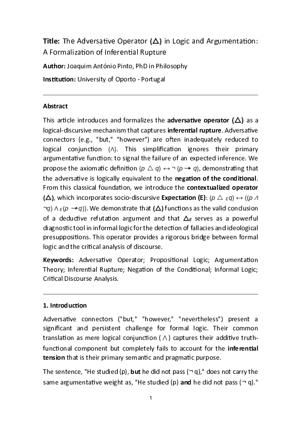 (PDF) The Adversative Operator ( ) in Logic and Argumentation: A ...