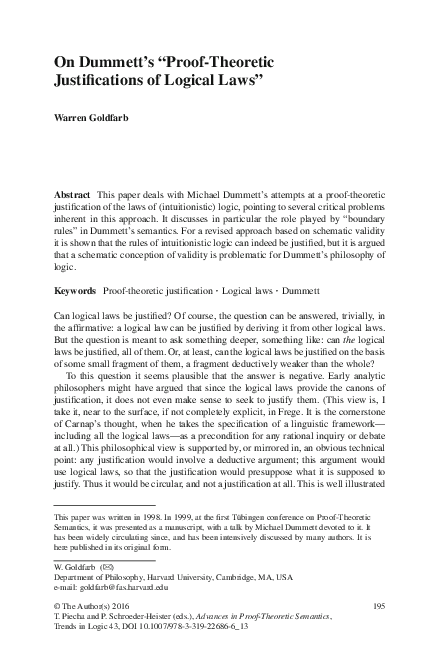 (PDF) On Dummett’s “Proof-Theoretic Justifications of Logical Laws”
