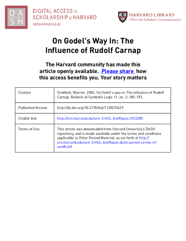 (PDF) On Gödel's Way In: The Influence of Rudolf Carnap