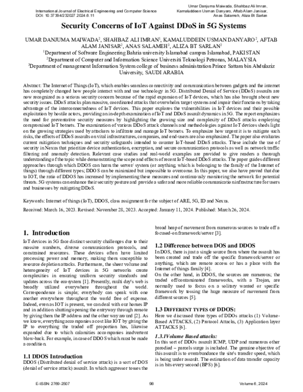 (PDF) Security Concerns of IoT Against DDoS in 5G Systems