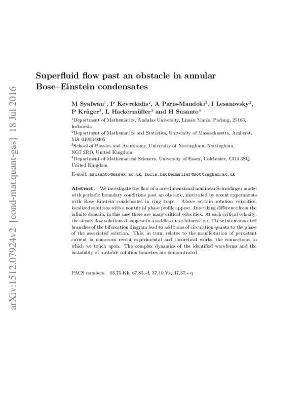 (PDF) Superfluid flow past an obstacle in annular Bose–Einstein condensates