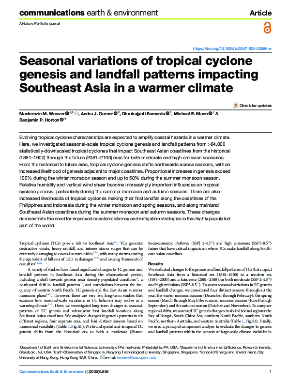 (PDF) Seasonal variations of tropical cyclone genesis and landfall ...