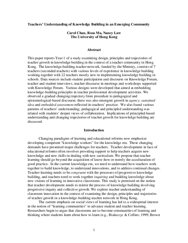 (PDF) Teachers’ understanding of knowledge building in an emerging ...