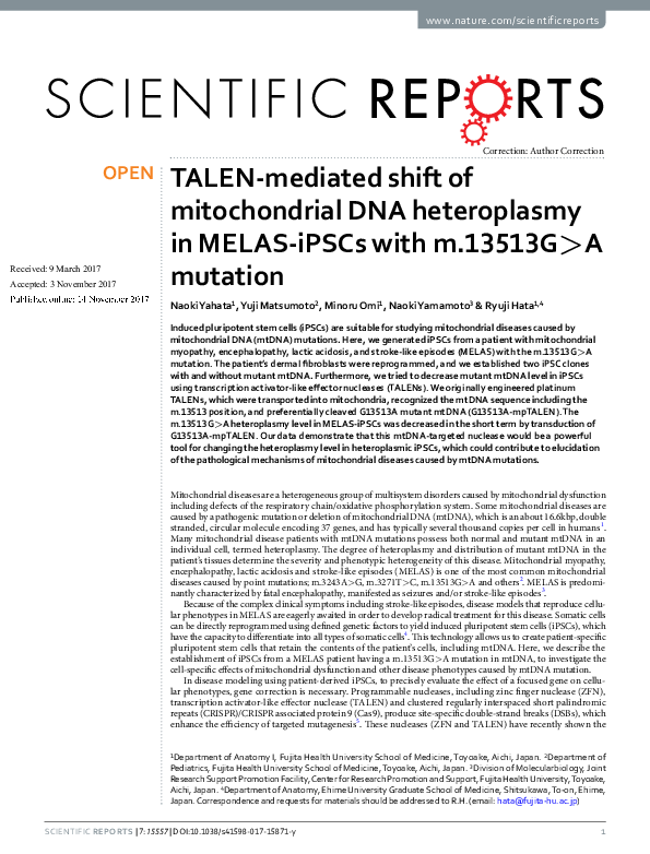 (PDF) TALEN-mediated shift of mitochondrial DNA heteroplasmy in MELAS ...