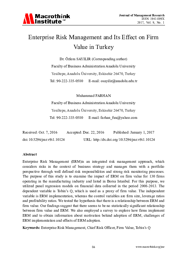 (PDF) Enterprise Risk Management and Its Effect on Firm Value in Turkey