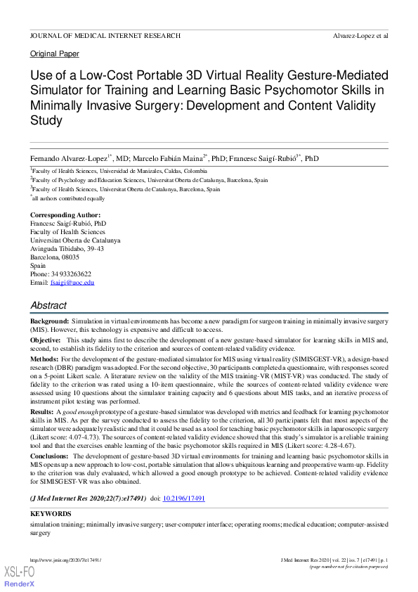 (PDF) Use of a Low-Cost Portable 3D Virtual Reality Gesture-Mediated ...