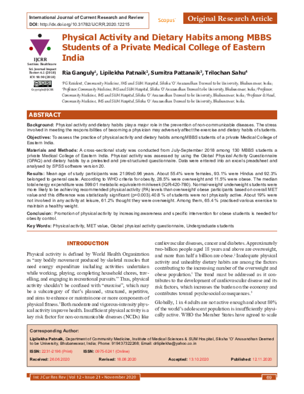 (PDF) Physical Activity and Dietary Habits among MBBS Students of a ...
