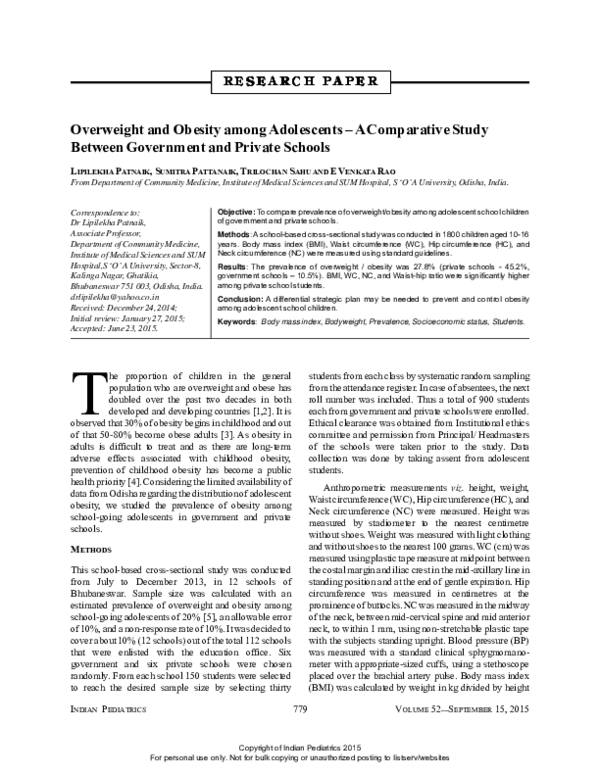 (PDF) Overweight and obesity among adolescents – A comparative study ...