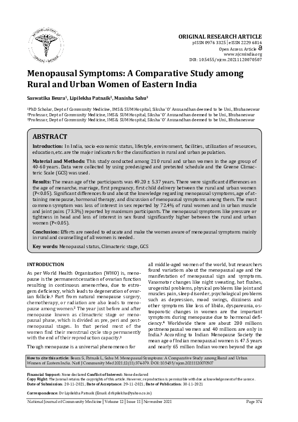 (PDF) Menopausal symptoms: a comparative study among rural and urban ...