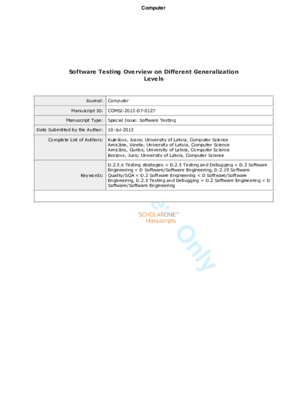 (PDF) Software Testing Overview on Different Generalization Levels