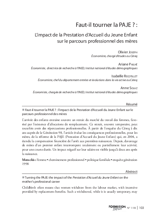 (PDF) Faut-il tourner la PAJE ? : l’impact de la Prestation d’Accueil ...