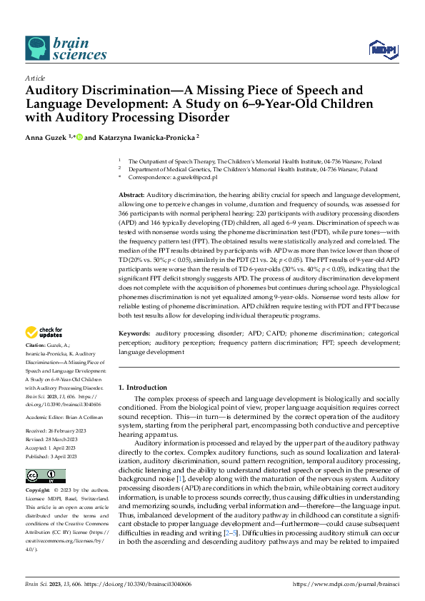 (PDF) Auditory Discrimination—A Missing Piece of Speech and Language ...