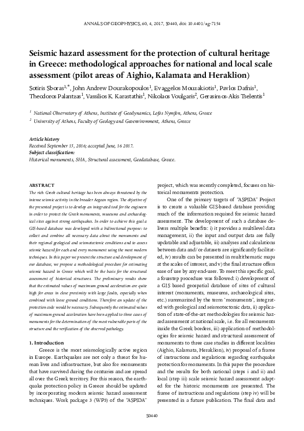 (PDF) Seismic Hazard Assessment for the protection of Cultural Heritage ...