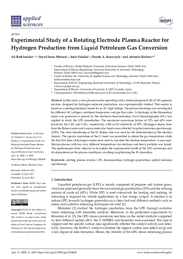 (PDF) Experimental Study of a Rotating Electrode Plasma Reactor for ...