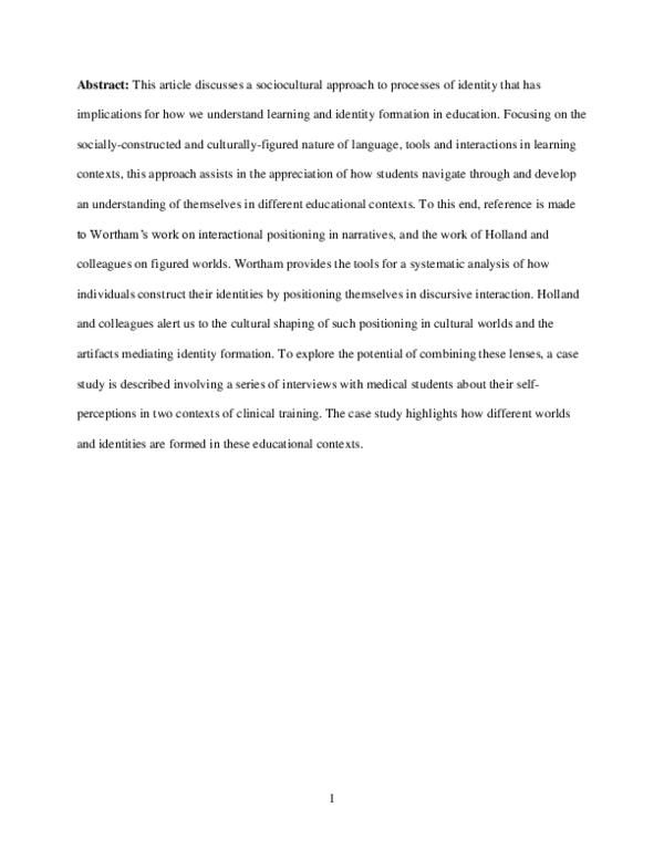 (PDF) Towards a Sociocultural Perspective on Identity Formation in ...