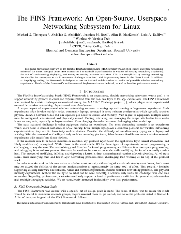 (PDF) The FINS framework: an open source userspace networking subsystem ...