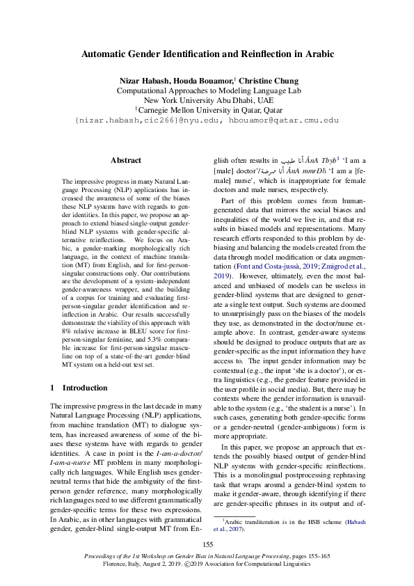 (PDF) Automatic Gender Identification and Reinflection in Arabic