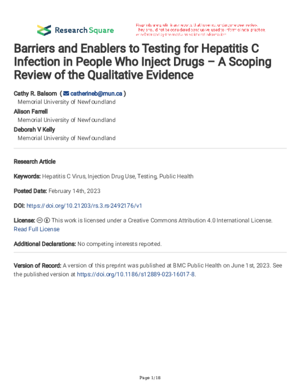 (PDF) Barriers and Enablers to Testing for Hepatitis C Infection in ...