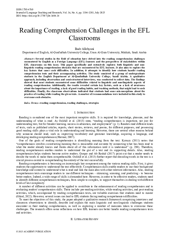 (PDF) Reading Comprehension Challenges in the EFL Classrooms