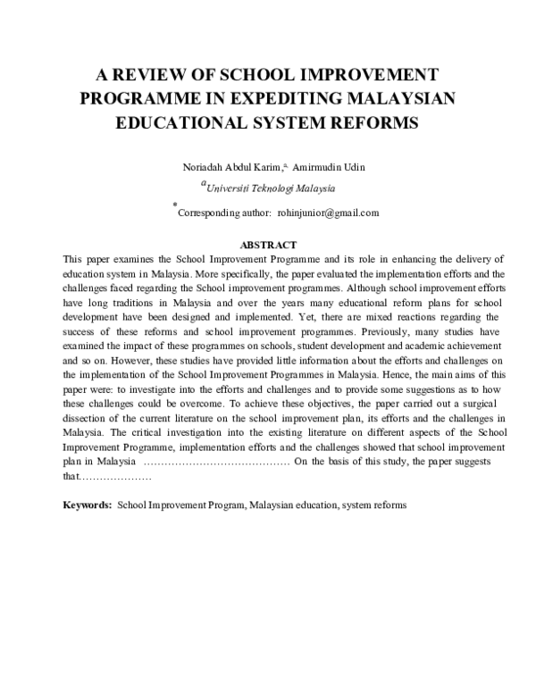 (PDF) A review of school improvement programme in expediting Malaysia ...