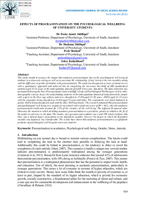 (PDF) EFFECTS OF PROCRASTINATION ON THE PSYCHOLOGICAL WELLBEING OF ...