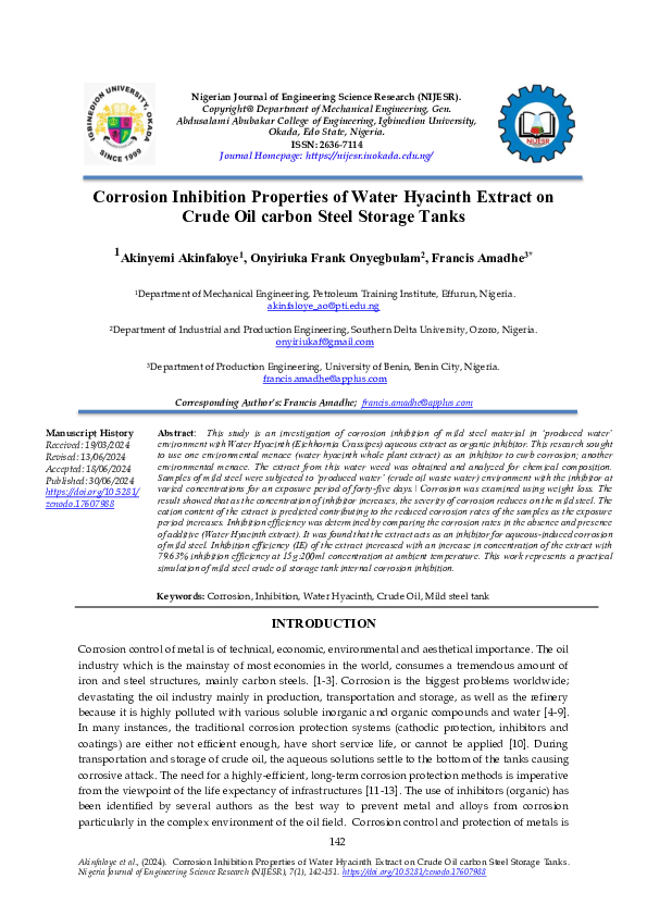 (PDF) Corrosion Inhibition Properties of Water Hyacinth Extract on ...