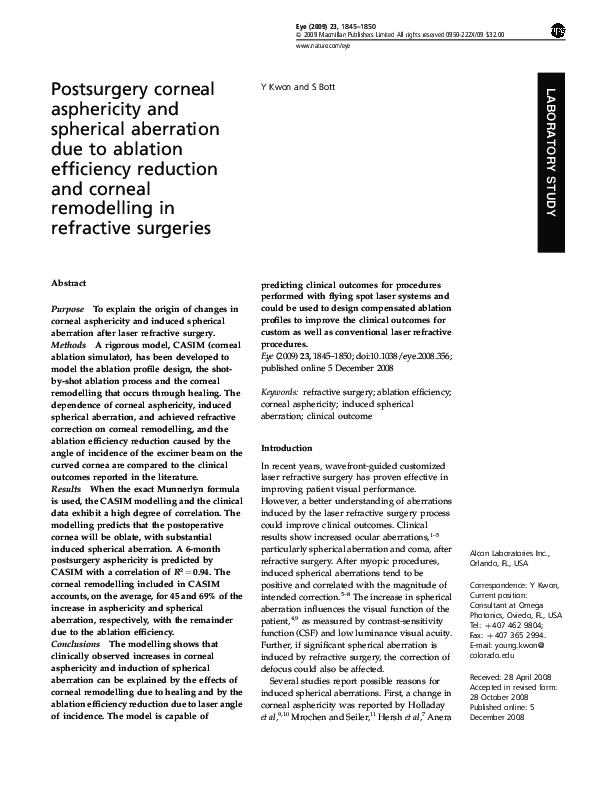 (PDF) Postsurgery corneal asphericity and spherical aberration due to ...