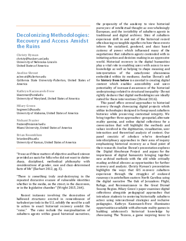 (PDF) Decolonizing Methodologies: Recovery and Access Amidst the Ruins