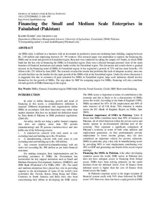 (PDF) Financing the Small and Medium Scale Enterprises in Faisalabad ...