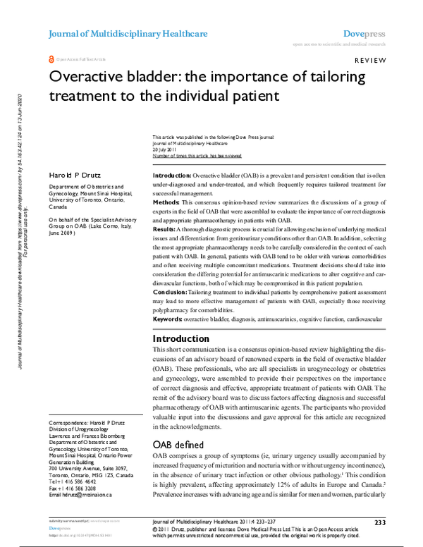 (PDF) Overactive bladder: the importance of tailoring treatment to the ...