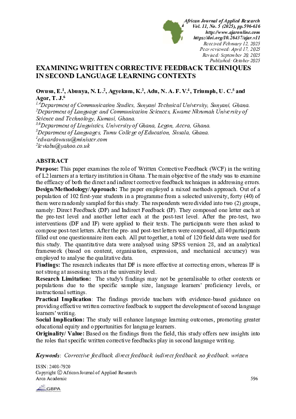 (PDF) EXAMINING WRITTEN CORRECTIVE FEEDBACK TECHNIQUES IN SECOND ...