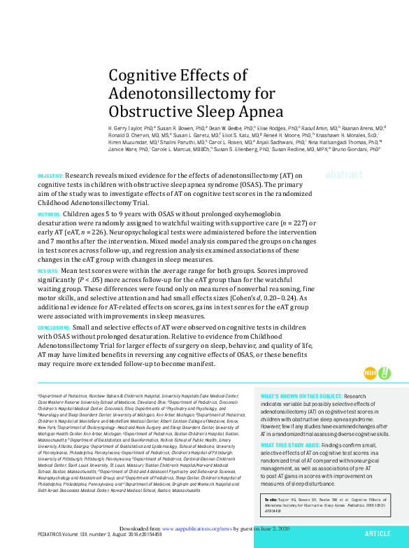 (PDF) Cognitive Effects of Adenotonsillectomy for Obstructive Sleep Apnea