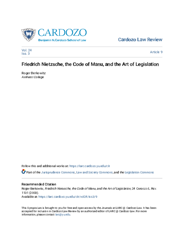 (PDF) Friedrich Nietzsche, the Code of Manu, and the Art of Legislation