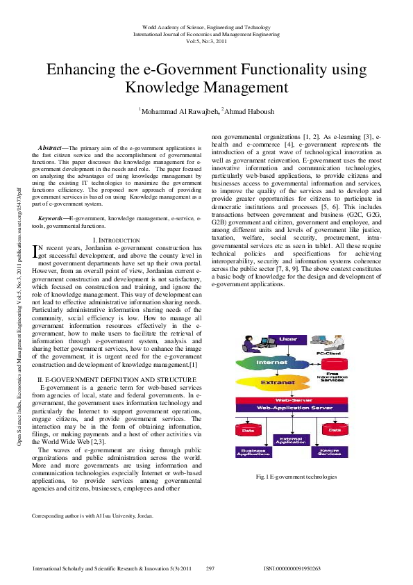 (PDF) Enhancing The E-Government Functionality Using Knowledge Management