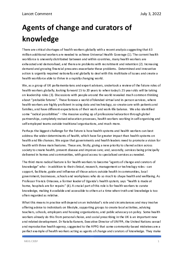 (PDF) Health workers as agents of change and curators of knowledge