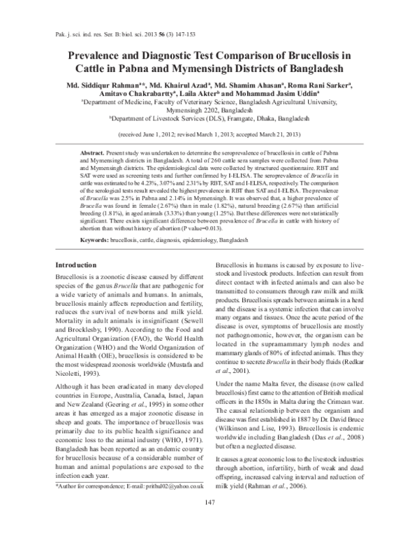 (PDF) Prevalence and Diagnostic Test Comparison of Brucellosis in ...