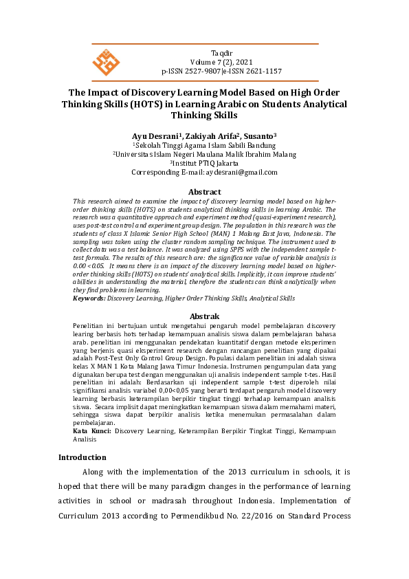 (PDF) The Impact of Discovery Learning Model Based on High Order ...