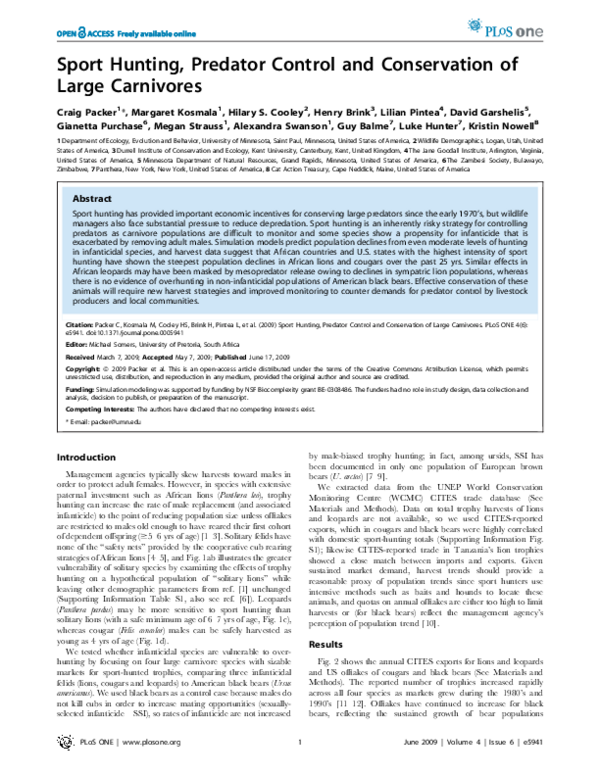 (PDF) Sport Hunting, Predator Control and Conservation of Large Carnivores