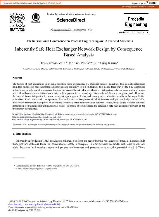 (PDF) Inherently Safe Heat Exchanger Network Design by Consequence ...