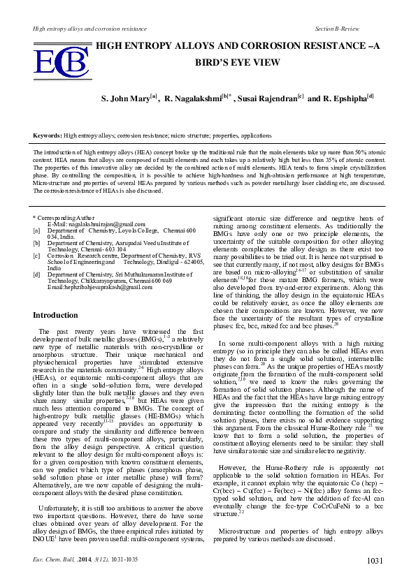 (PDF) High entropy alloys and Corrosion resistance –A Bird’s eye view