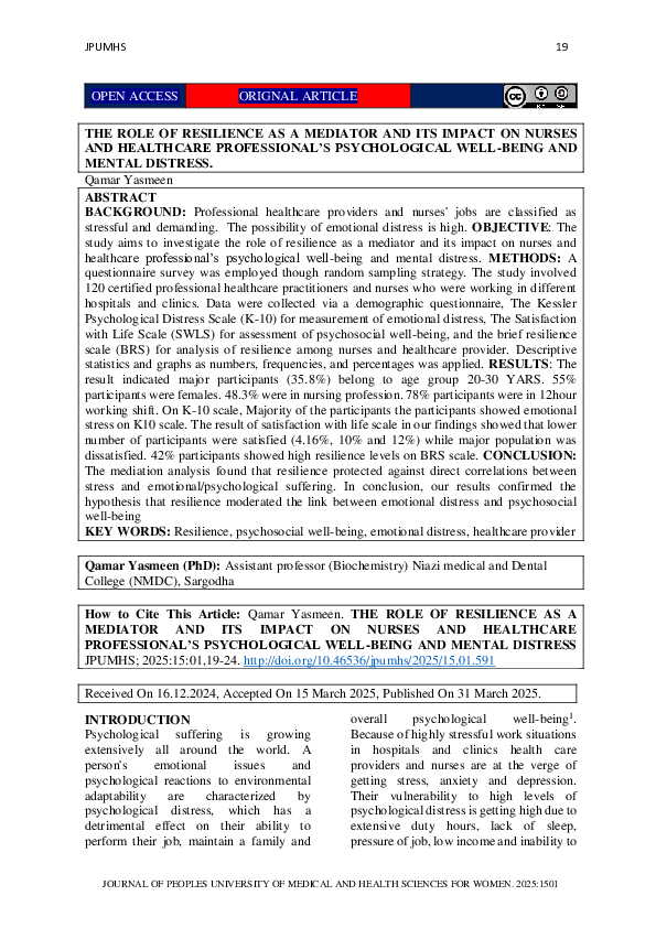(PDF) THE ROLE OF RESILIENCE AS A MEDIATOR AND ITS IMPACT ON NURSES AND ...
