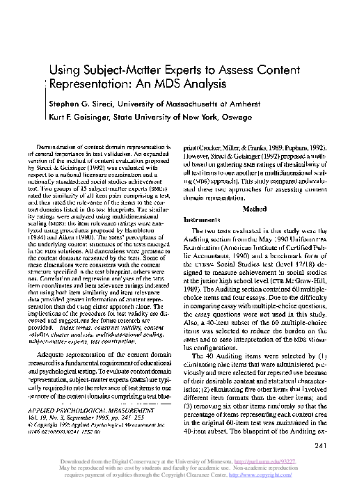 (PDF) Using Subject-Matter Experts to Assess Content Representation: An ...