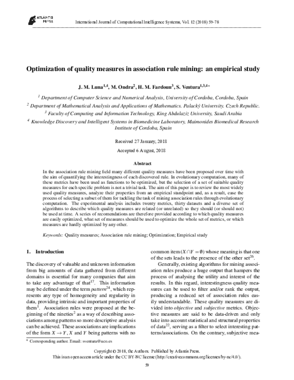 (PDF) Optimization of quality measures in association rule mining: an ...