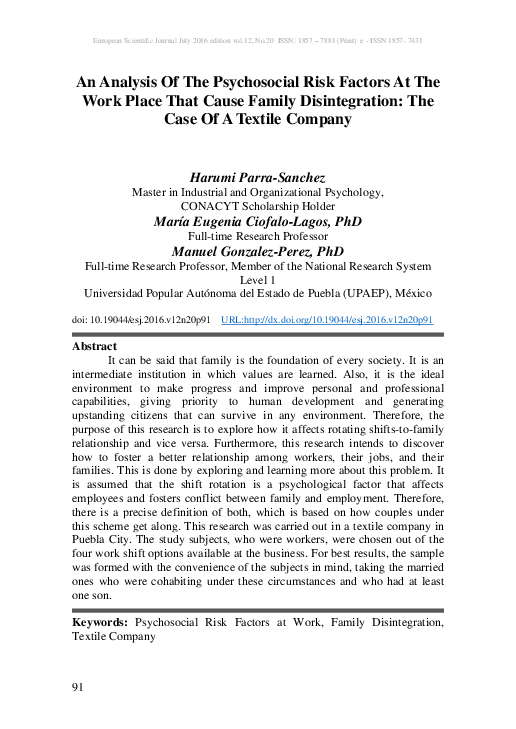 (PDF) An Analysis Of The Psychosocial Risk Factors At The Work Place ...