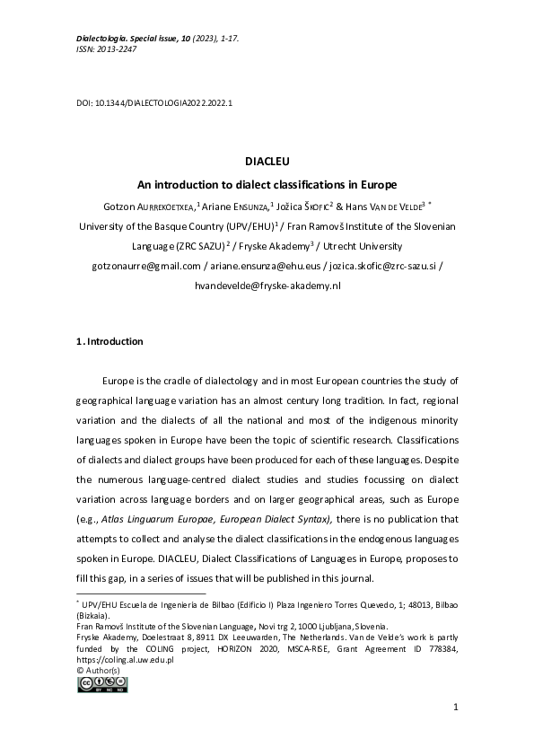 (PDF) DIACLEU. An introduction to dialect classifications in Europe