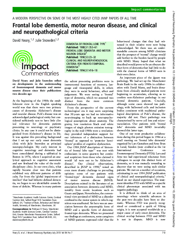 (PDF) Frontal lobe dementia, motor neuron disease, and clinical and ...
