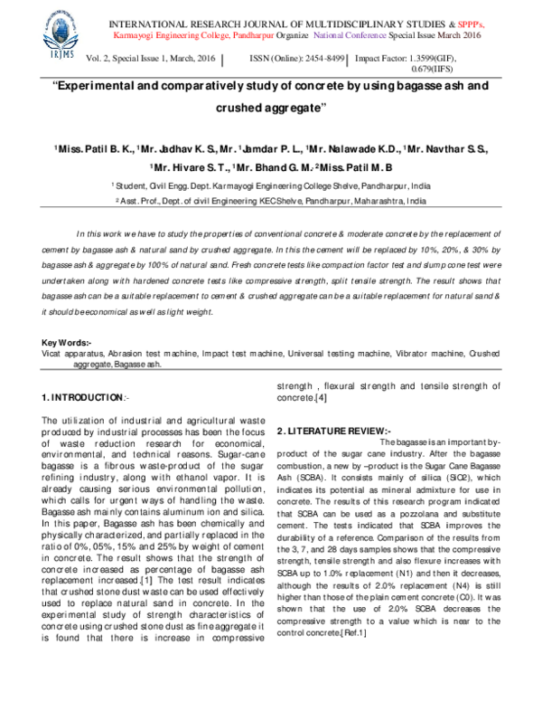 (PDF) Experimental and comparatively study of concrete by using bagasse ...