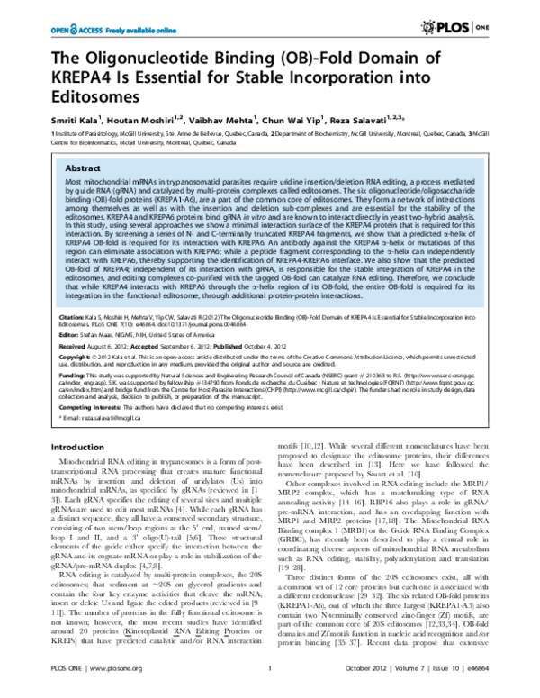 (PDF) The Oligonucleotide Binding (OB)-Fold Domain of KREPA4 Is ...