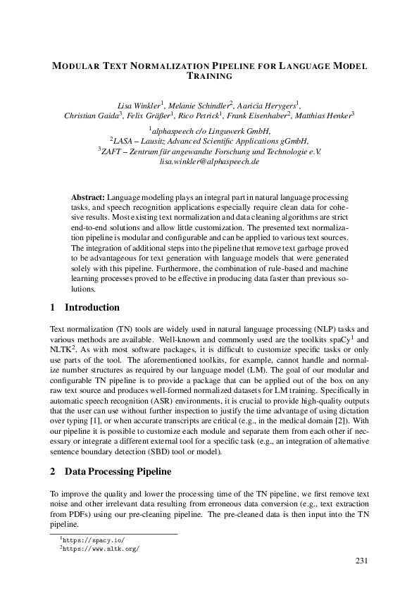 (PDF) MODULAR TEXT NORMALIZATION PIPELINE FOR LANGUAGE MODEL TRAINING